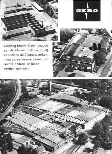 Bedrijven in Zeist0024, Gerofabriek 3. 1966.jpg - Gezicht op de Gerofabriek aan de Bergweg dit is de 3 Uitbreiding in 1966, maar helaas is de fabriekscomplexen in 1976 gesloopt omdat er nauwelijks nog vraag naar zilveren en verzilverde voorwerpen en roestvrij stalen bestek was en in het verre Oosten was het veel goedkoper om te produceren.